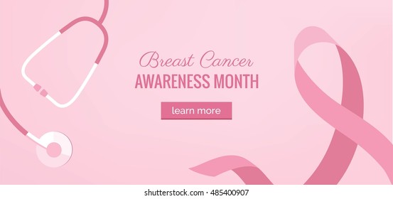 Pink Ribbon womens breast cancer awareness banner with stethoscope on pink background with ribbon symbol. Vector flat illustration