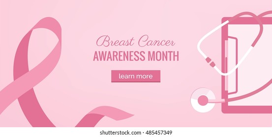 Pink Ribbon womens breast cancer awareness banner with stethoscope on pink background with ribbon symbol. Vector flat illustration