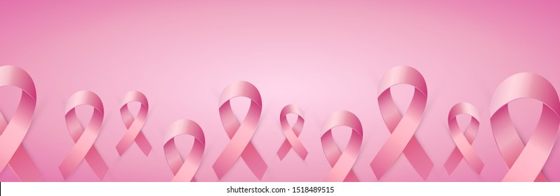 Pink ribbon to World Breast Cancer Awareness month. Horizontal banner with a place for text. Bright Brest Cancer medical banner. October medicine sign. Vector illustration EPS 10 file.