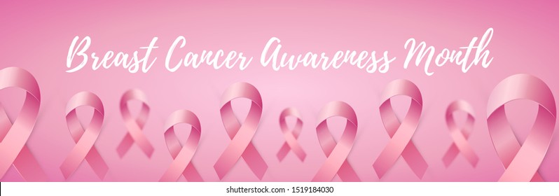 Pink ribbon to World Breast Cancer Awareness month. Horizontal banner with realistic ribbons. Bright Brest Cancer medical poster. October medicine sign. Vector illustration EPS 10 file