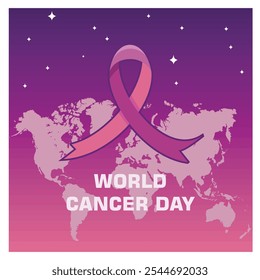 Cinta rosa para la celebración del Día Mundial contra el Cáncer. Fondo del mapa mundial. Concepto del Día Mundial contra el Cáncer. Ilustración vectorial plana.