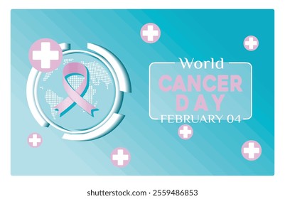 Pink ribbon and world map symbolizing World Cancer Day. Symbolizing global awareness and unity against cancer, which is celebrated every February 4. World Cancer Day concept. 