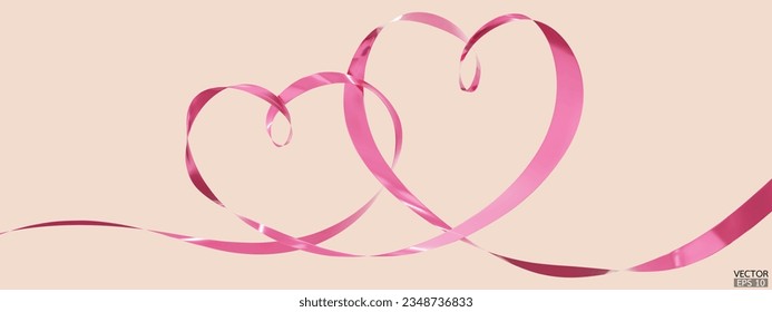 Pink ribbons 2 hearts isolated on beige background. Continuous ribbon line art drawing. Element for Valentine's day, mother's day wedding and print. 3D vector illustration.