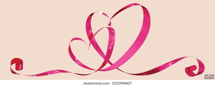 Pink ribbons 2 hearts isolated on beige background. Continuous ribbon line art drawing. Element for Valentine's day, mother's day wedding and print. 3D vector illustration.