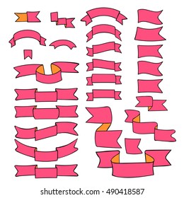Pink ribbons, big set of hand drawn design element, flag, arrow, banner, label on white background. Magenta hand-drawn cartoon ribbon with empty space for title writing. Vector illustration.