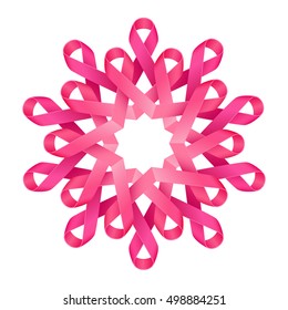 Pink ribbons breast cancer awareness symbolic decorative flower, symbol of people gathering, help and support