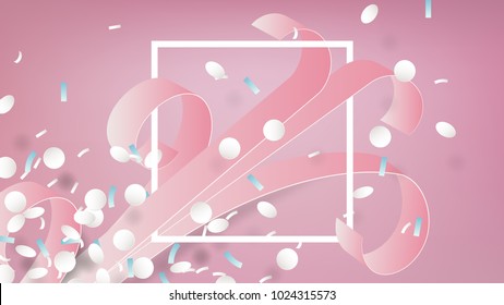 Pink ribbons with confetti and white rectangle frame on pink background, paper art/paper cutting style