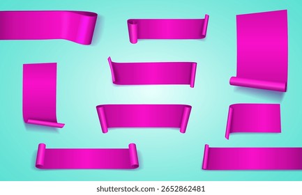 Pink ribbons. Decorative banners for your design. Glossy, curved elements for sales, promotions, awards, or festive occasions. Vector illustration.