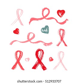 Pink ribbons grunge brush strokes vector set. Symbols of breast cancer awareness