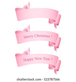 Pink Ribbons Isolated on White Background, Text Merry Christmas and Happy New Year on Festive Ribbons , Banner, Vector Illustration 