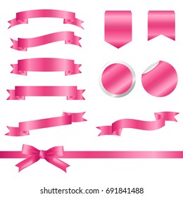 Pink Ribbons and labels Set isolated On White Background. Vector Illustration for your design