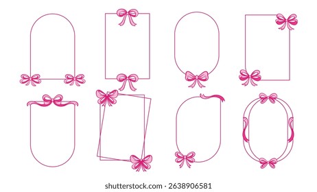 Pink ribbons on frames of different shapes set. Delicate templates with copy space for making postcards, invitations, congratulations, announcements. Vector graphics