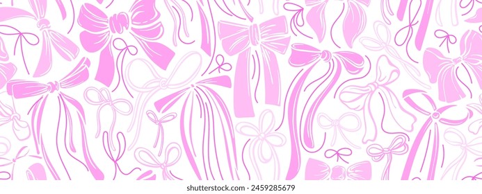 Pink ribbons seamless pattern. Vector sketch wallpaper. Hand drawn bow, silk bows for gifts, present knots and wrap pack on white background. Celebration design and girl, newborn, gender party