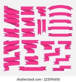 Pink ribbons set in flat style isolated on white background.Vector.Banner web