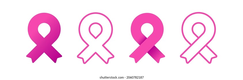 Cintas rosadas establecidas. Contorno e iconos rellenos. Estilo minimalista. Conciencia sobre el cáncer de mama. Ilustración vectorial, diseño plano