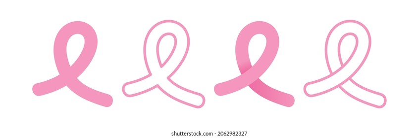 Pink ribbons set. Outline and filled icons. Breast cancer awareness. Vector illustration, flat design