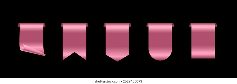 Pink ribbons set. Sales promotion tags, banners, labels, stickers isolated on black for online shopping, promotion, discount, best seller product. 3d realistic vector illustration.