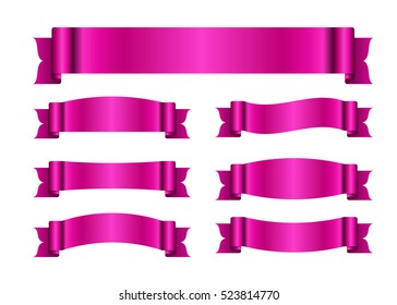 Pink ribbons set. Satin blank banners collection. Design label scroll blanks element, isolated on white background. Empty template for greeting or advertising. Symbols decoration Vector illustration