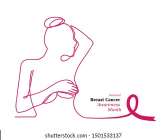 Pink Ribbon,womens Breast Outline Vector Illustration. One Line Drawing Concept, Poster For Pink Ribbon, National Breast Cancer Awareness Month.