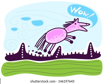 Pink riding horse, jump over obstacles. Green grass beneath, blue sky. The horse says Wow!