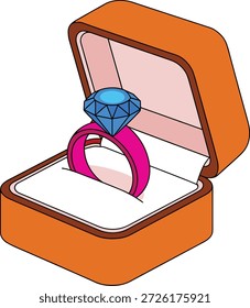 Pink ring with blue diamond in orange jewelry box.
