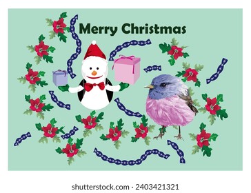 pink robin spent Christmas with the snowman, decorated the house full of Christmas flowers, full of joyful atmosphere, and wished you a merry Christma