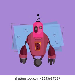 Pink robot cartoon illustration. Balancing cyborg with antenna. Robotics concept. Vector illustration can be used for topics like robotic science, engineering, computing