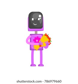 Pink robot character with bouquet of flowers in its hands, android florist or courier cartoon vector illustration