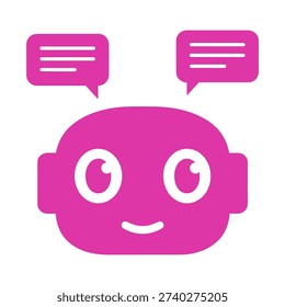A pink robot face with speech bubbles above its head, symbolizing communication and interaction. Vector