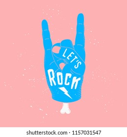 Pink rock quote illustration. Pop art colors of card design with Let's Rock lettering and human hand. Vintage style of fashion illustration with hand and fingers showing sign of rock, heavy metal