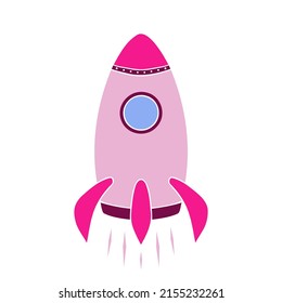 Rosa Rakete, süßes Raumschiff, Startsymbol des Startfahrzeugs. Vektorgrafik für Druck, Hintergründe, Umschläge, Verpackungen, Grußkarten, Poster, Aufkleber und Textilien. Einzeln auf weißem Hintergrund.