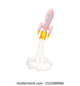 Pink Rocket as Spacecraft with Engine Exhaust Launching in Space Vector Illustration