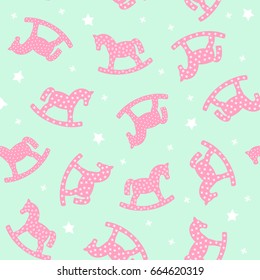 Pink rocking horses seamless pattern on mint green background. Baby shower vector design. Cute child play illustration.