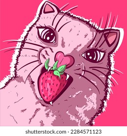 Pink rodent with small ears eating a strawberry. Cute ferret with heart shaped nose holding a fruit in between their teeth. Cartoon character with big eyes.