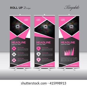 Pink Roll Up Banner and info graphics vector template, standy layout, advertisement, flyer, display 