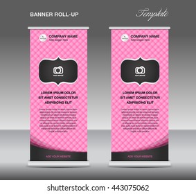 Pink Roll up banner stand template vintage design, advertisement, display, flyer, vector illustration