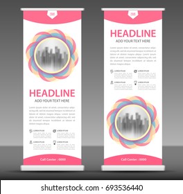 Pink Roll up banner stand template design, flyer layout vector