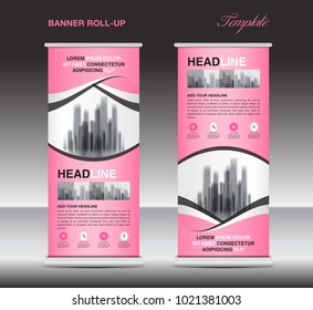 Pink Roll up banner template, stand, display, x-banner, j-flag, pull-up, poster, event, advertisement, business flyer layout, presentation, ads, exhibition, roadshow, printing media