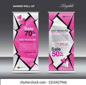 Pink Roll up banner template vector, advertisement, x-banner, poster, pull up design, display, layout, business flyer, sale web banner, exhibition, stand, presentation, valentines day concept idea