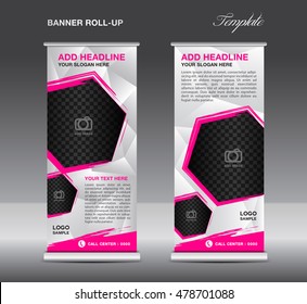 Pink Roll up banner template vector, roll up stand, banner design, flyer, advertisement, polygon background, poster