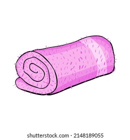 Pink rolled folded fluffy terry towel. Spa center, hotel textile accessories. Isolated on white background