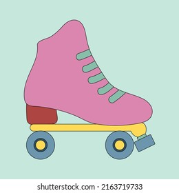 Pink roller skate element from 1970. Groovy cartoon graphic in pastel color pallete. Trendy retro card, poster and sticker design.