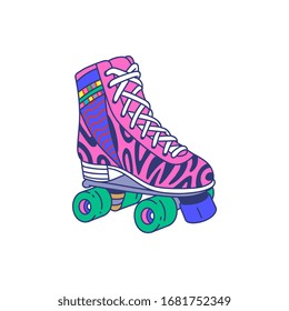 Pink roller skate quad shoe with colorful retro pattern and four green wheels - 80s style sticker isolated on white background. Flat vector illustration.