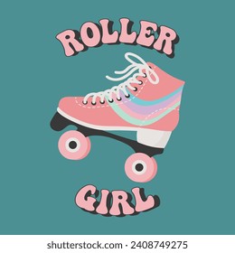 Pink roller skate with rainbow and lettering Roller girl. Retro icon, illustration in flat cartoon style. Vector