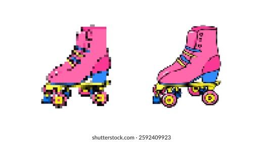 Pink roller skates feature bright blue heels, multicolor laces, and wheels with yellow bases.