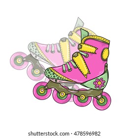 Pink roller skates for girls. Isolated poster vector illustration.