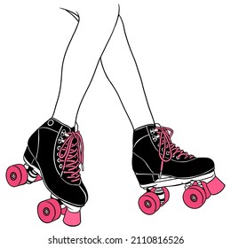 Pink roller skates on legs. Roller skating. Vector illustration for printing and cutting files