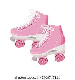 Pink roller skates. Retro icon, illustration in flat cartoon style. Vector