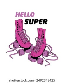 Pink roller skates vector isolated. Boots with wheels for skating, extreme sport. Vintage roller skates. Poster design element in doodle style.design print vector