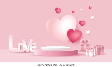 Pódium romántico rosado 3D con corazones flotantes, cajas de regalo y texto de amor sobre fondo pastel, perfecto para el día de San Valentín, boda, promoción de venta y exhibición del producto.